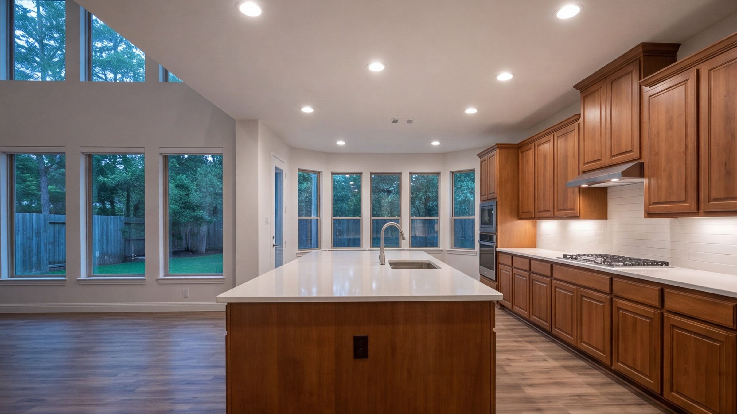 Wide open kitchen and family room in a Katy two-story home, large island and warm wood cabinets at dusk