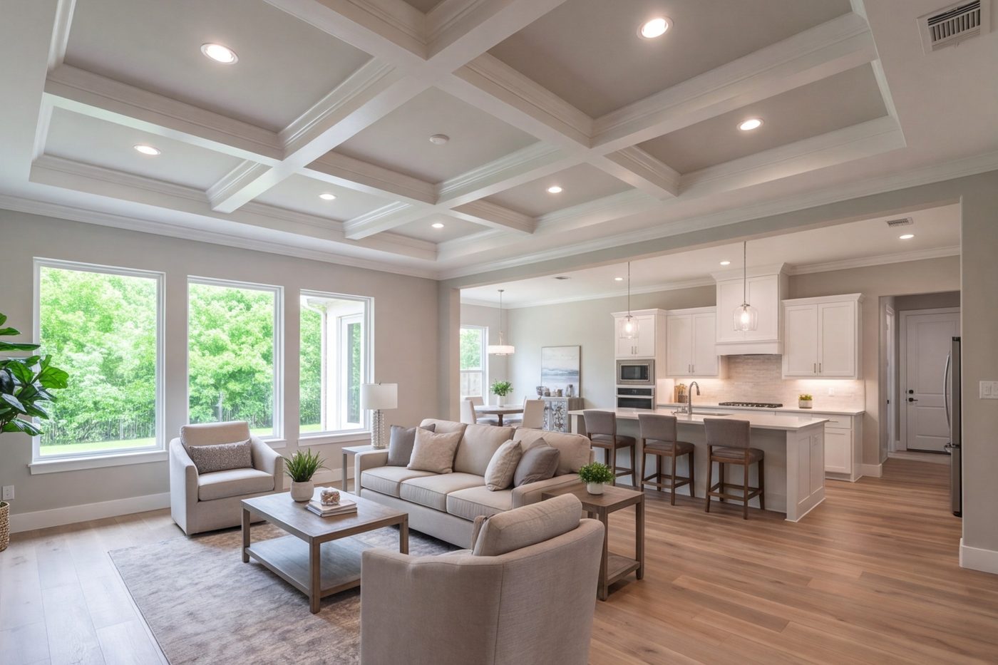 wide family room opened to the kitchen, continuous wood floor, afternoon light